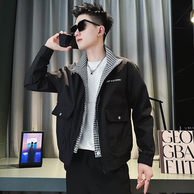 New washed men's casual jacket trendy brand Spring and Autumn youth jacket stand up collar top versatile_voghion.com